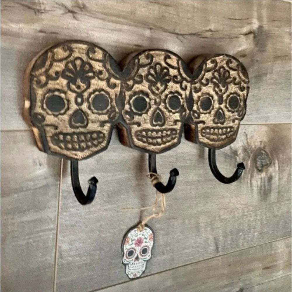 Sugar Skull Wood 3 Hook Hanger